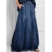 Women Distressed Solid Color Elastic Waist Loose Denim Skirt With Pocket