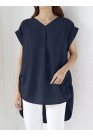 Solid Ruched Short Sleeve V Neck Casual Blouse