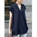 Solid Ruched V Neck Short Sleeve Casual Blouse