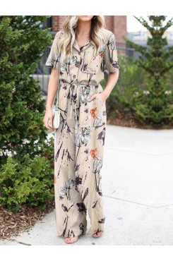 Floral Print Button Pocket Short Sleeve Wide Leg Jumpsuit