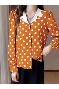 Polka Dot Contrast Color Lapel Button Long Sleeve Casual Shirt