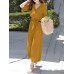 Solid Belt Pocket Button Ruffle Sleeve V  neck Jumpsuit