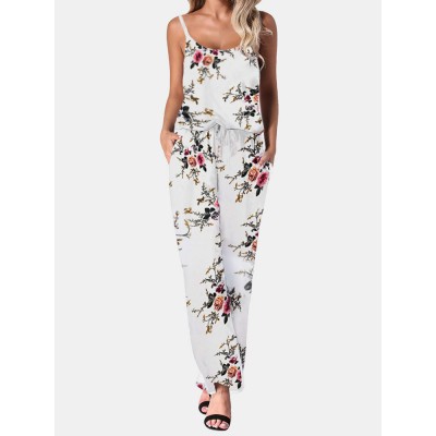 Flower Print Drawstring Pocket Strap Jumpsuit For Women