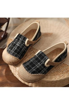 Black Plaid Cotton Linen Patchwork Flat Feet Shoes
