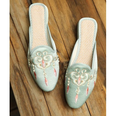 Comfy Light Green Embroideried Pearl Cotton Fabric Slide Sandals