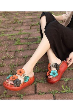 Elegant Wedge Orange Cowhide Leather Slide Sandals