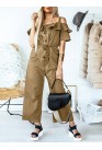 Solid Color Button Pocket Drawstring Off  shoulder Ruffle Casual Jumpsuit