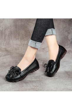 Black Bow Flat Shoes Genuine Leather Handmade  Flat Shoes