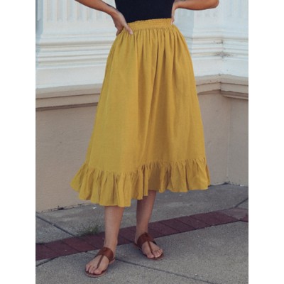 Solid Color A  Line Ruffle Hem Elastic Waist Pleated Casual Skirts For Women