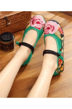 Green Flat Shoes Embroideried Comfy Cotton Fabric Buckle Strap Flat Shoes For Women