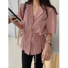 Solid Button Tie  Up Lapel Short Sleeve Casual Cotton Blouse